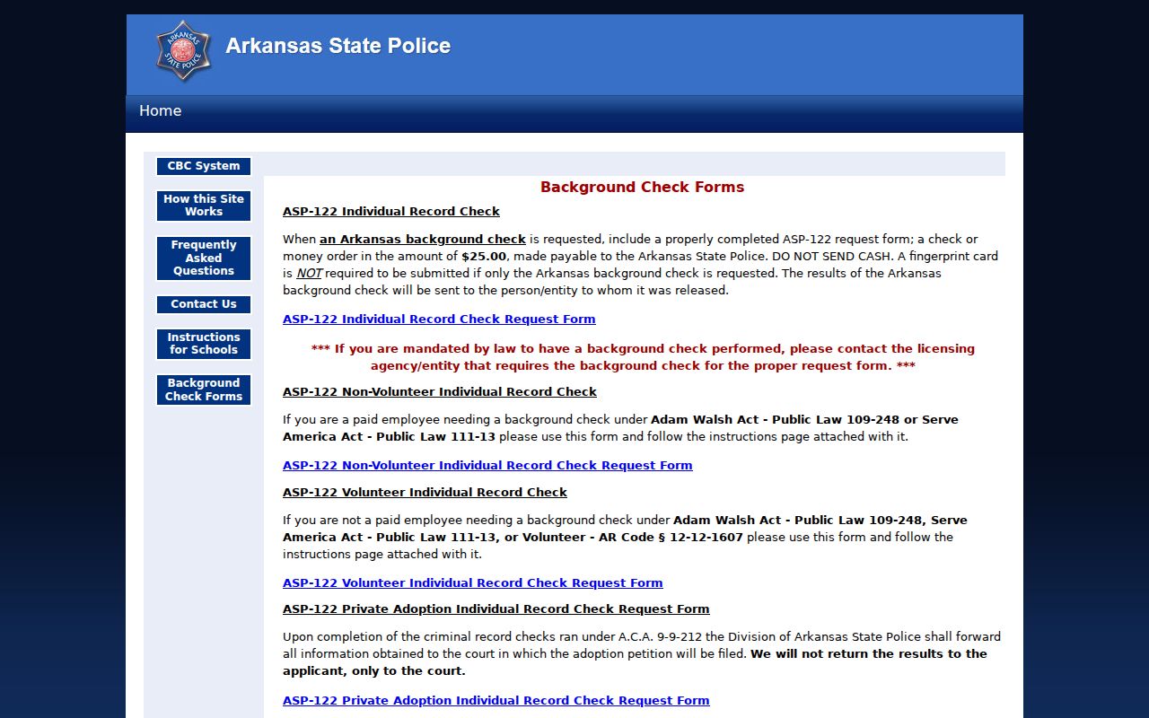 Arkansas State Police criminal background-check forms and request options