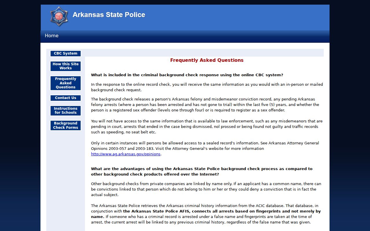 Arkansas CBC official guidance on included and excluded criminal-history records