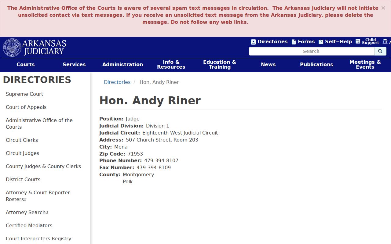 Arkansas Judiciary listing for Eighteenth West Circuit Judge Andy Riner