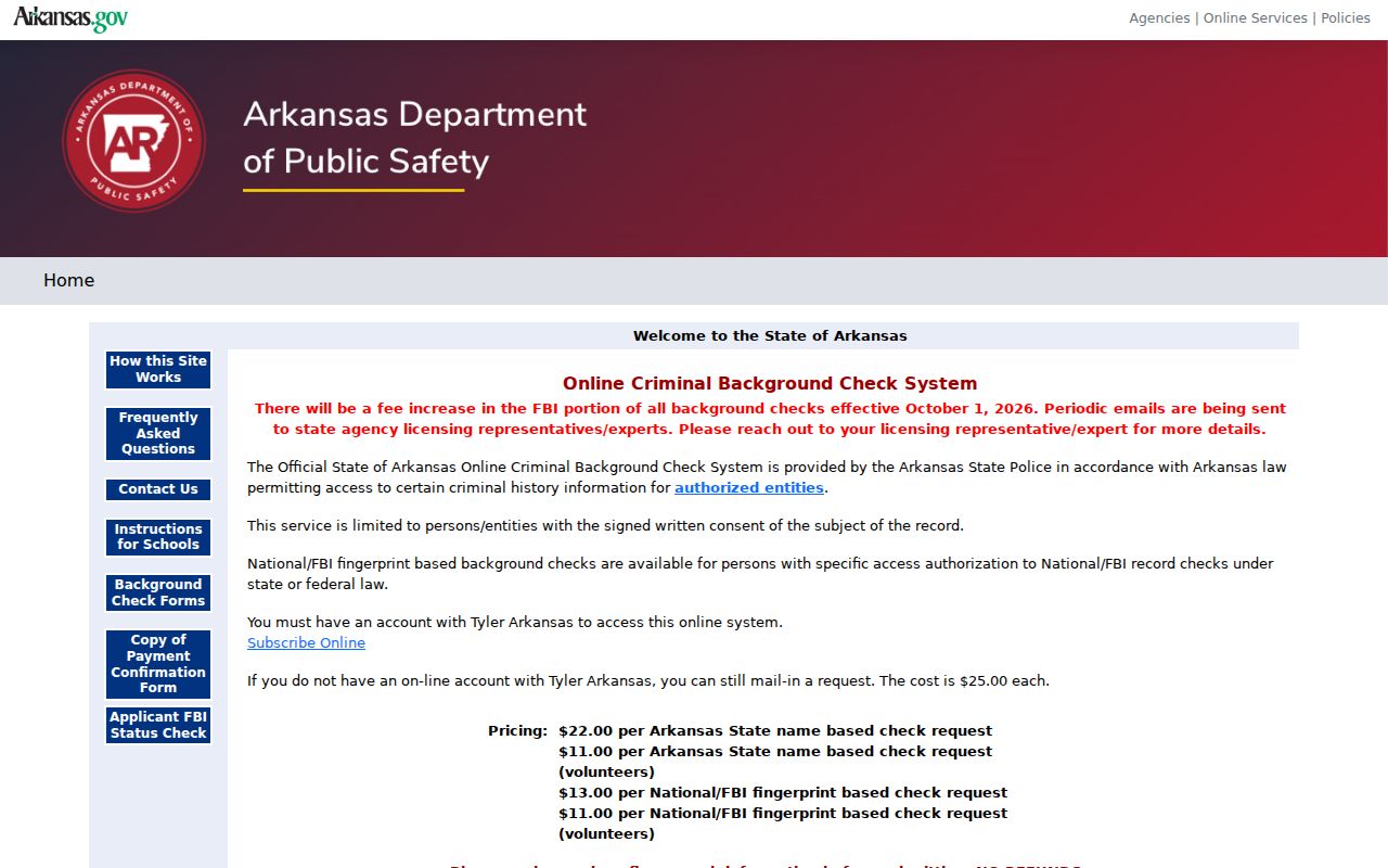 Arkansas Online Criminal Background Check System portal