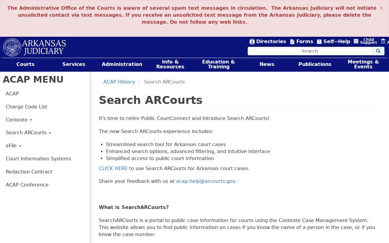 Arkansas Judiciary Search ARCourts public case information page